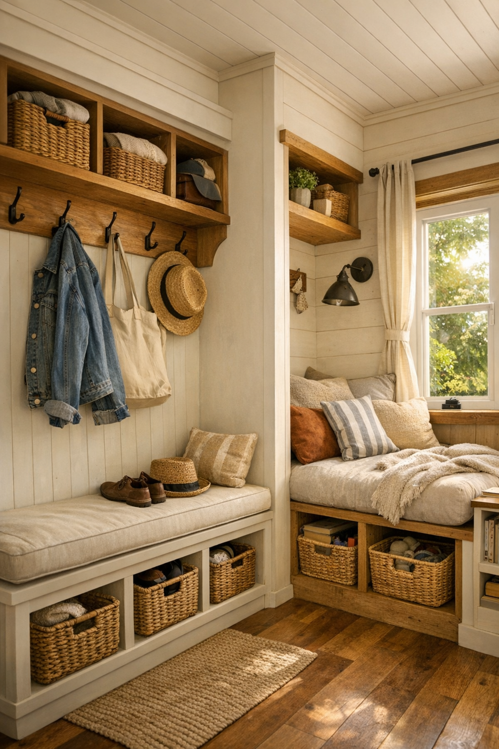 Smart tiny home built-ins with an entry bench, storage cubbies, and a cozy reading nook