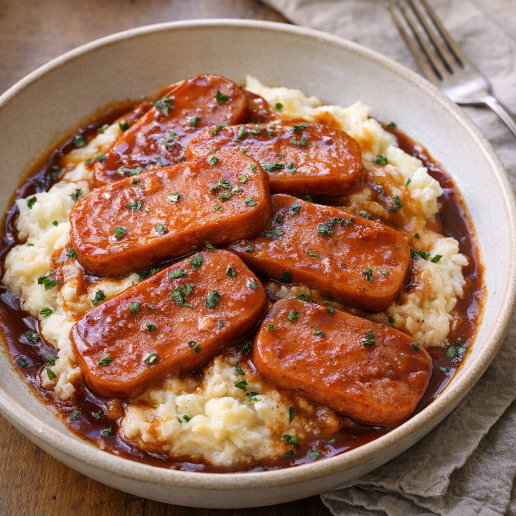 Slow cooker pork luncheon meat served over mashed potatoes