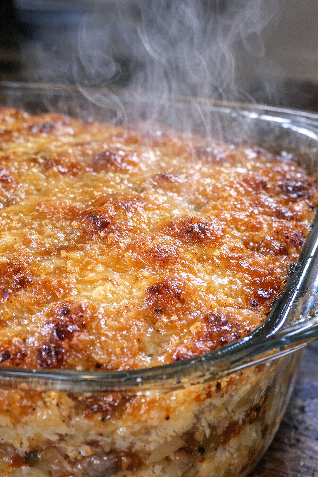 Golden-crusted casserole in a glass baking dish