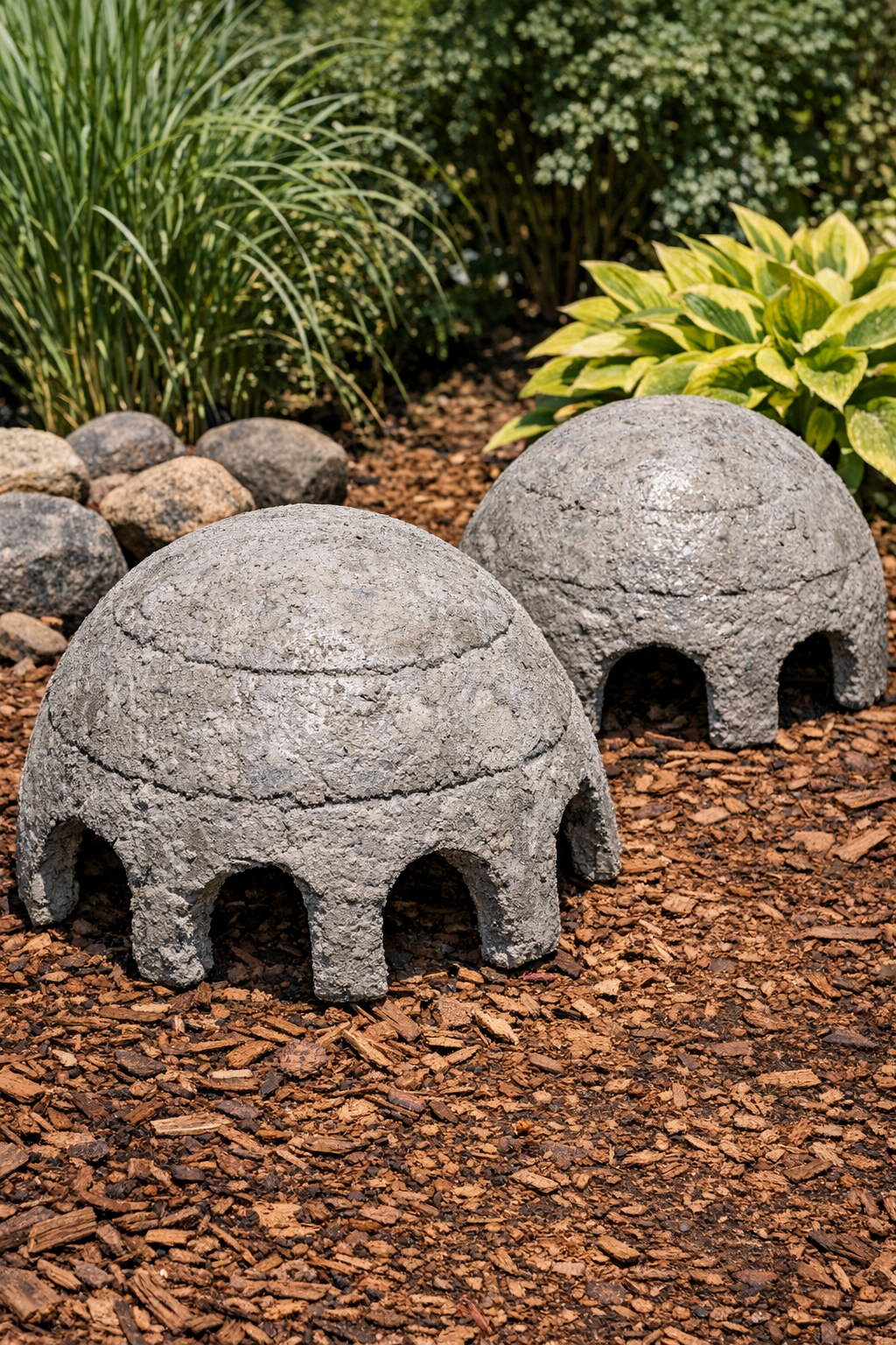 Finished heavy concrete domed yard structures displayed in a garden