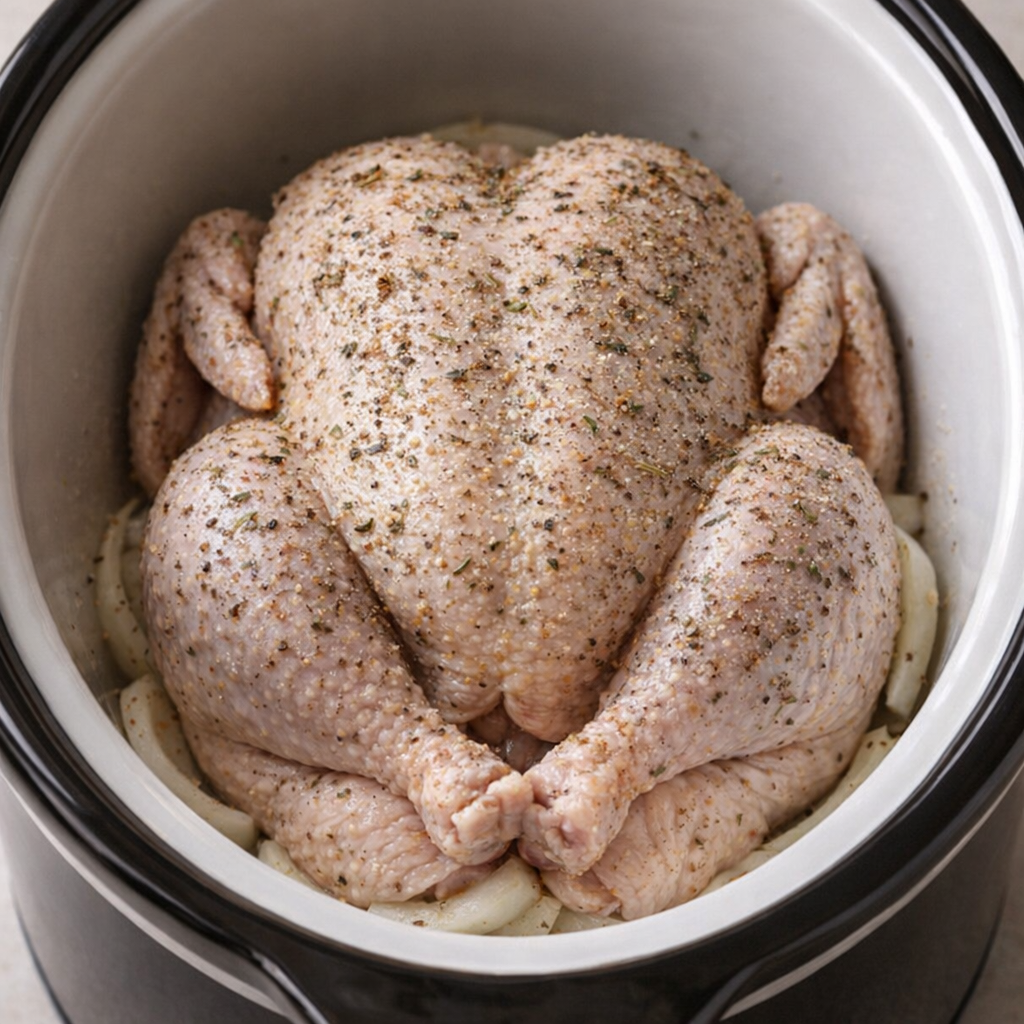 Seasoned whole chicken settled into the slow cooker