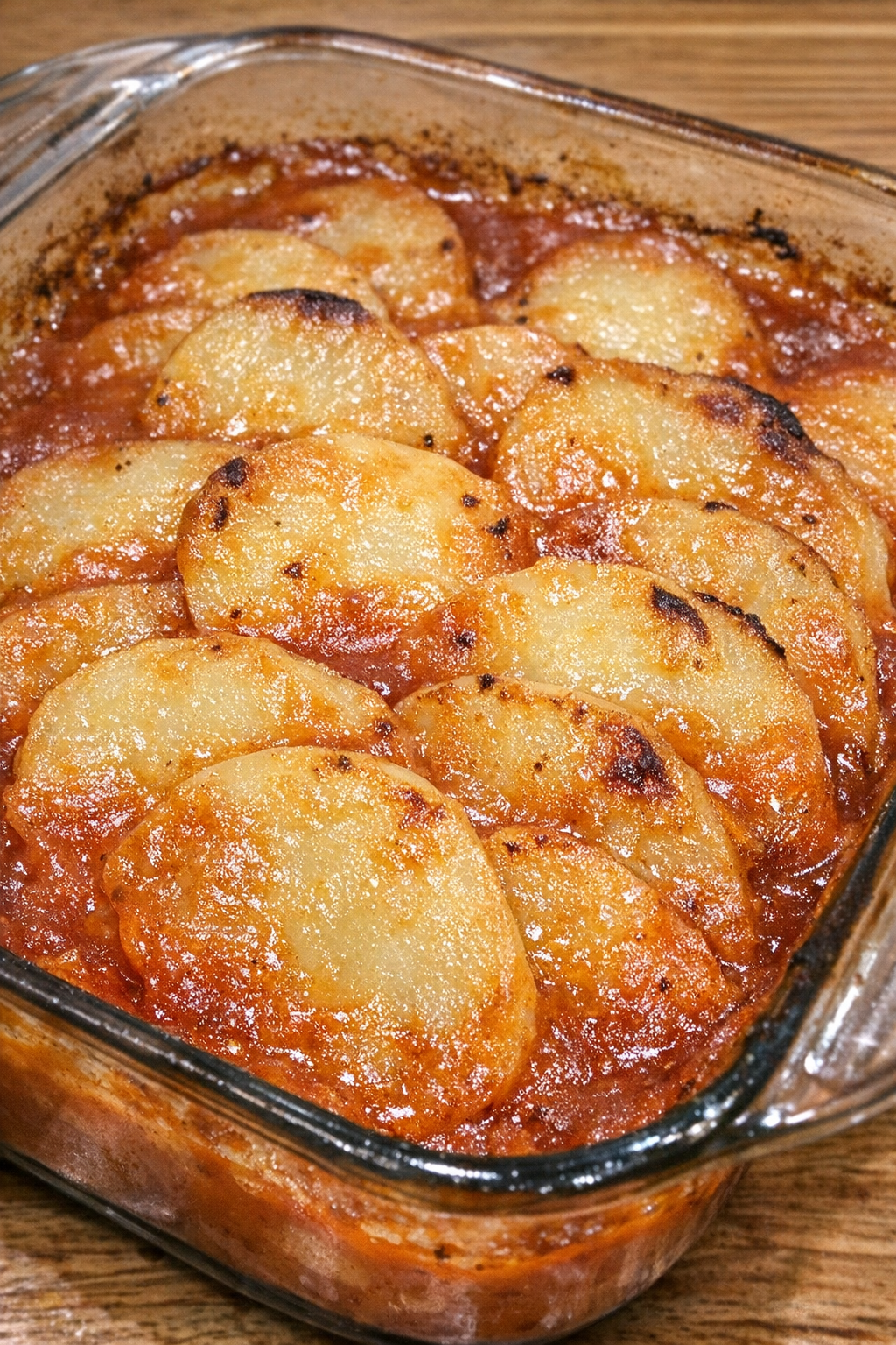 Golden scalloped potatoes baked in tomato soup sauce in a glass dish
