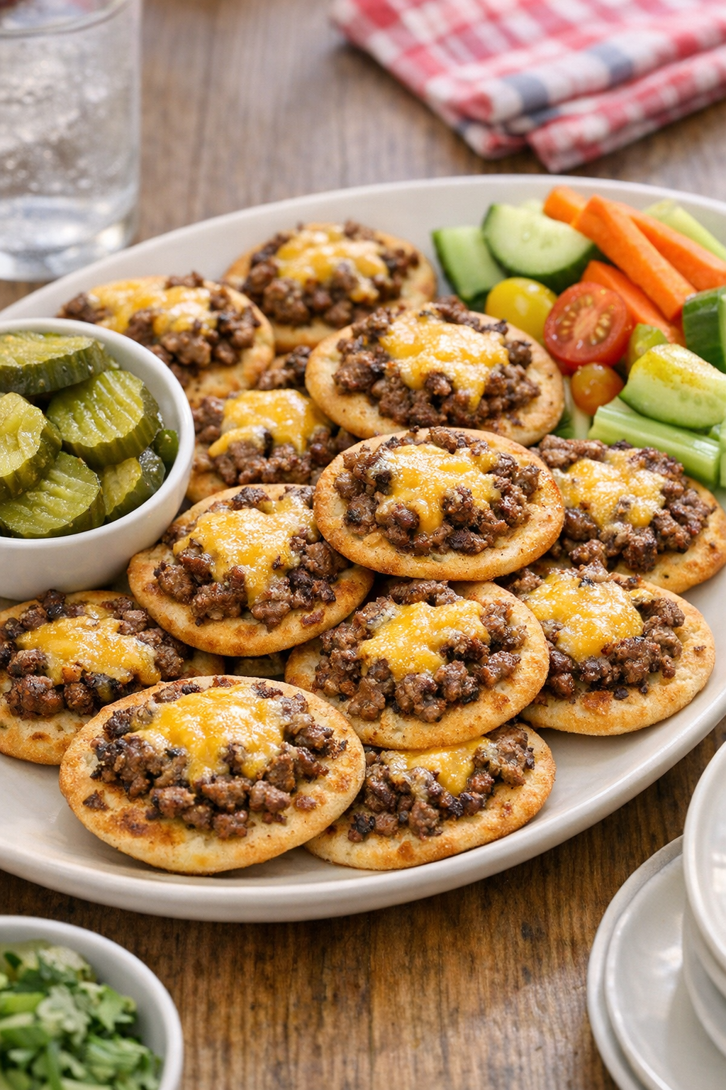 Finished beef flatbread bites plated with sides