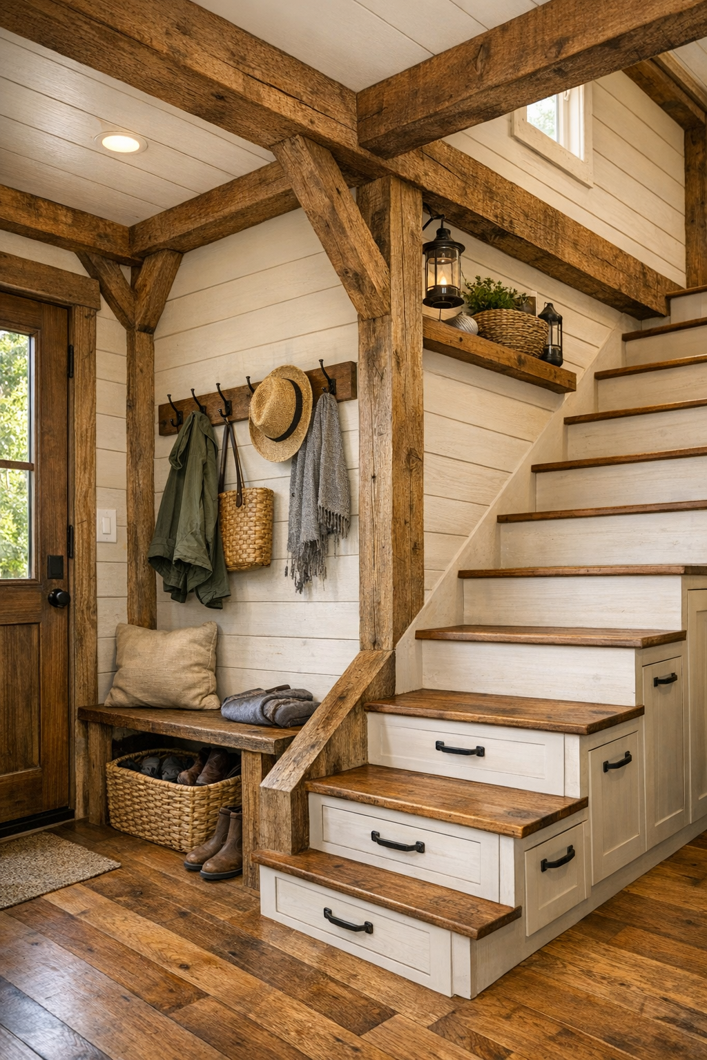 Tiny home stair nook and entry area with built-in storage and handcrafted wood details