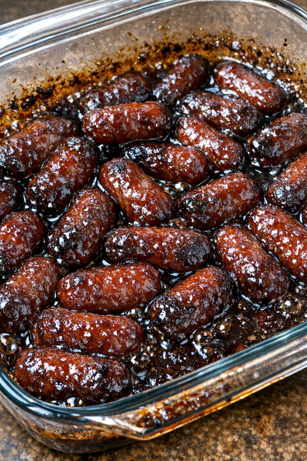 Oven baked 3-ingredient beef cocktail sausages in barbecue glaze