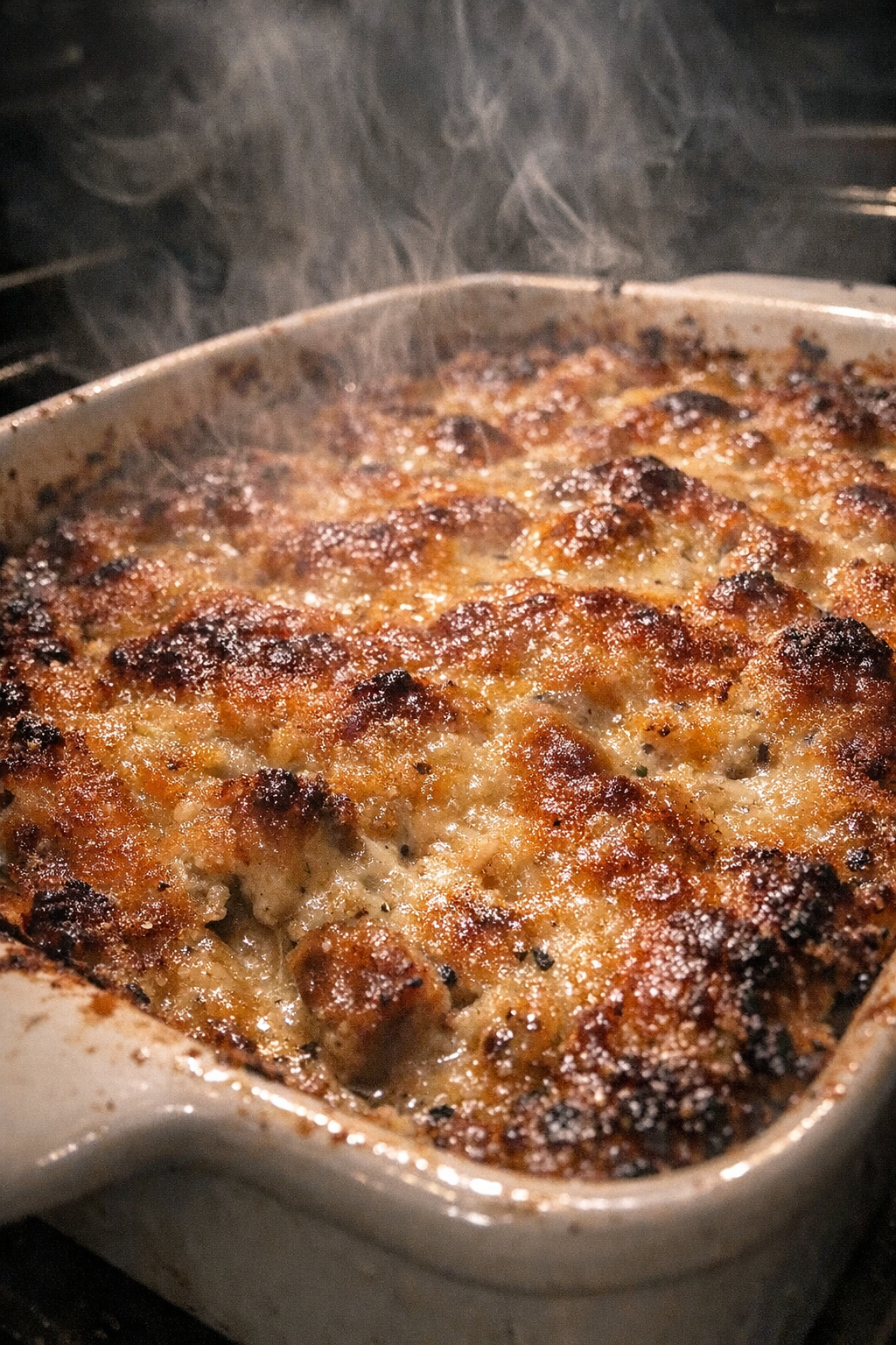 Bubbling crusted casserole in a ceramic baking dish