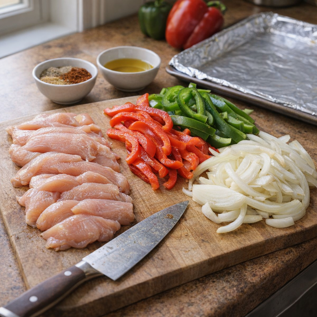 Raw chicken and sliced vegetables ready for the sheet pan