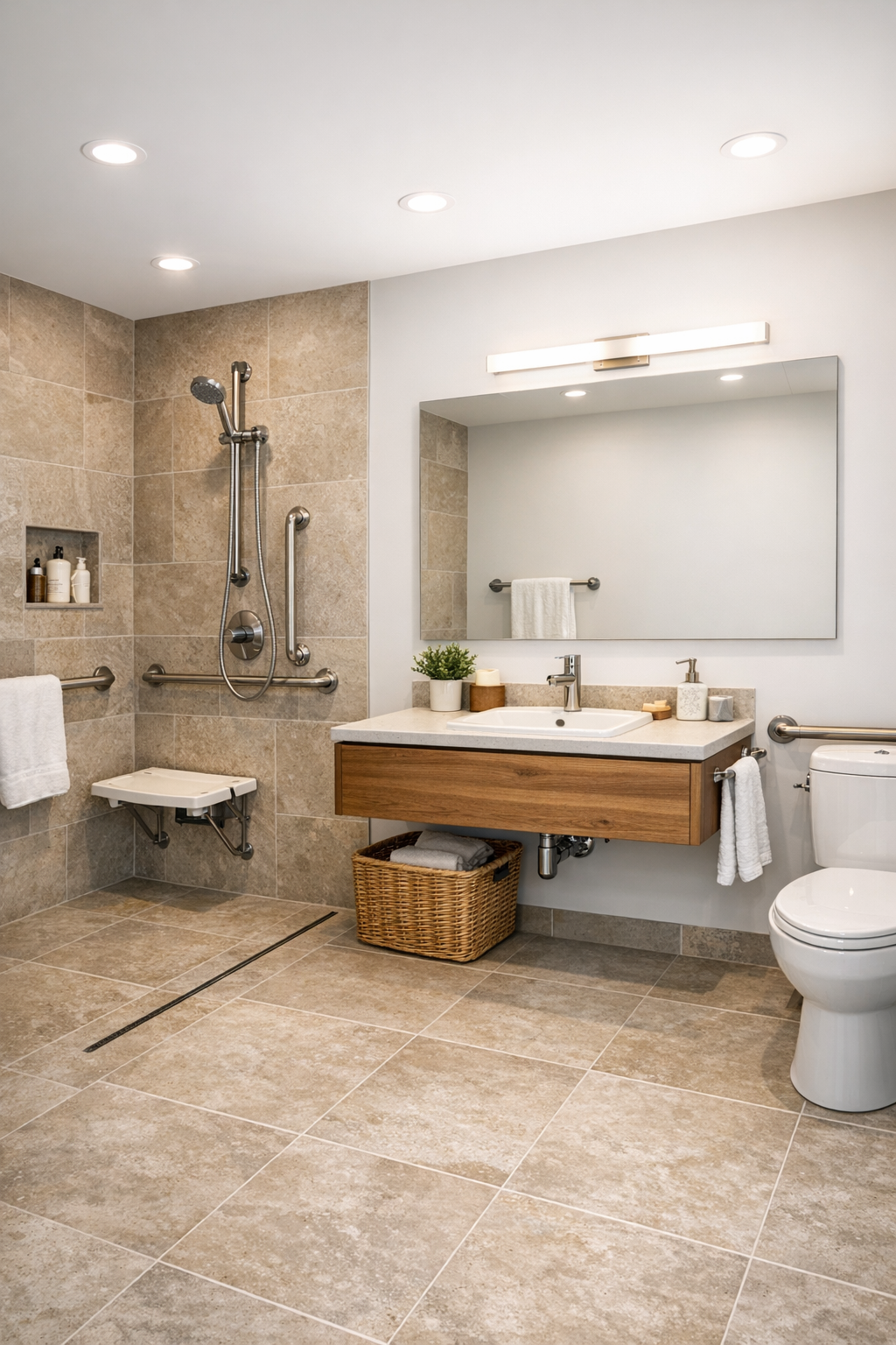 Bright accessible bathroom with curbless shower, warm stone tile, and wood vanity