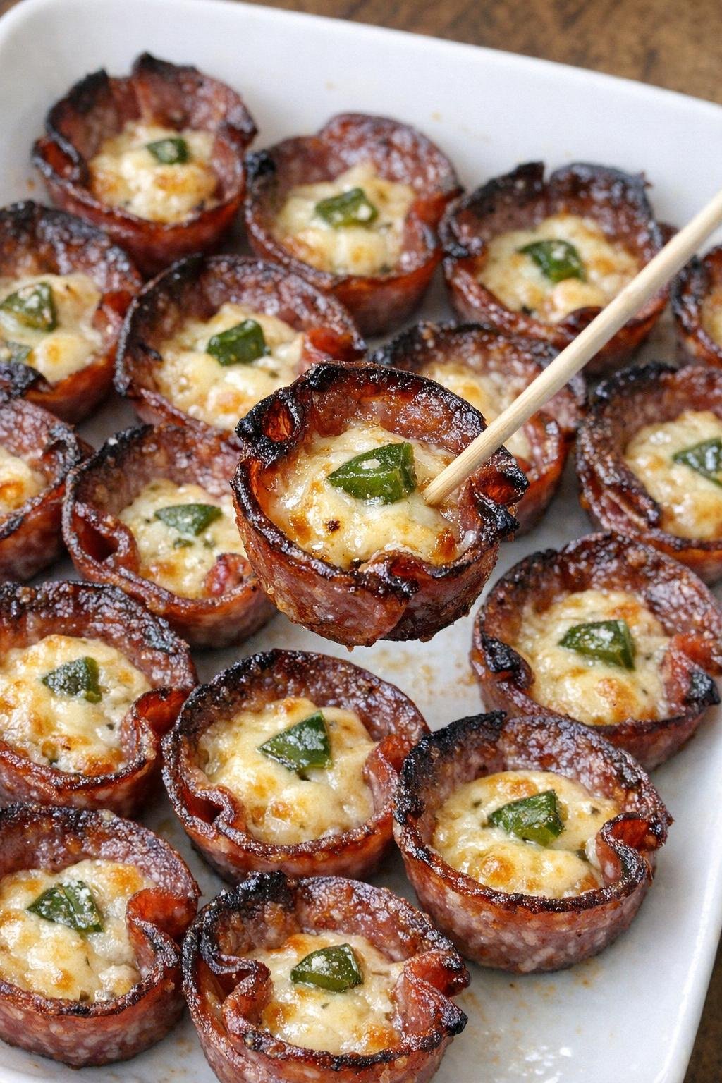 3-ingredient salami tallmadge bites on a white ceramic serving platter