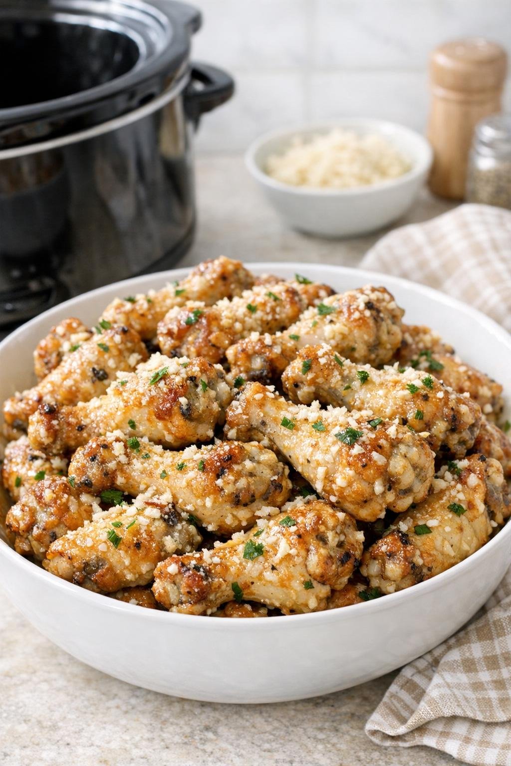 Finished garlic parmesan chicken drumettes plated