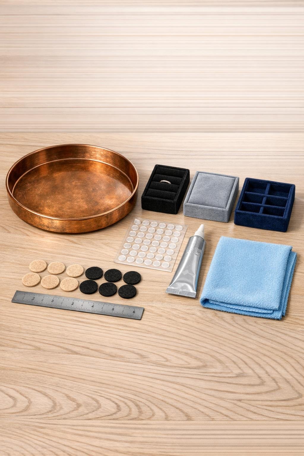 Materials for a velvet tray and copper tray nightstand organizer