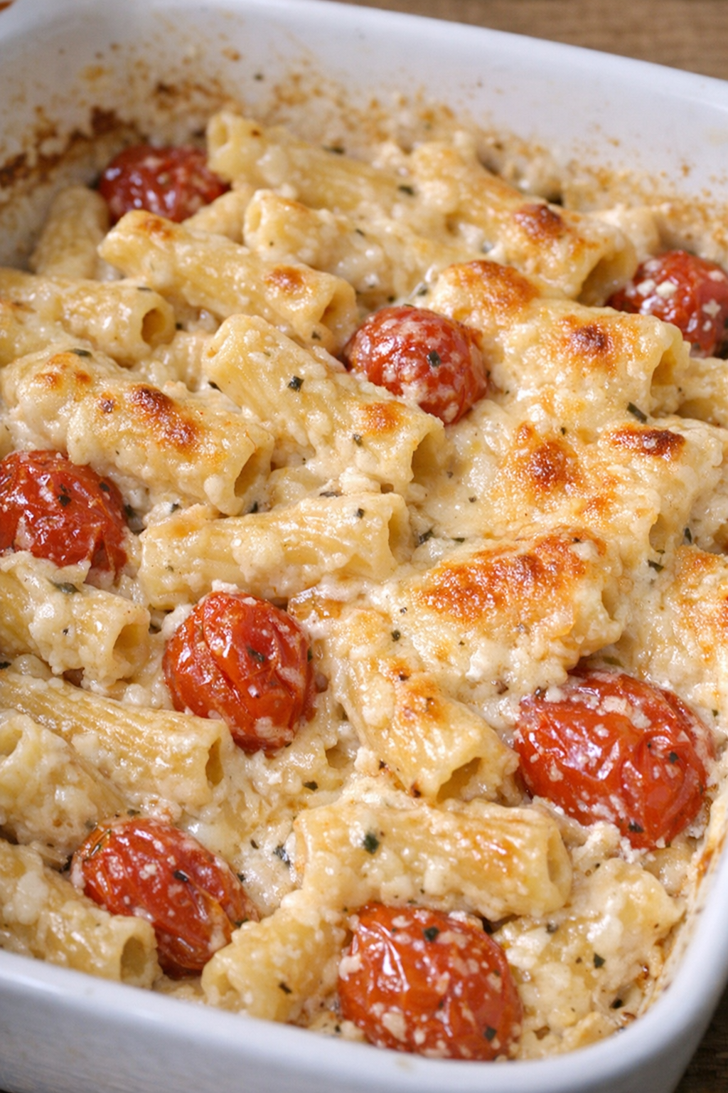 Creamy baked Boursin tomato ziti in a white casserole dish