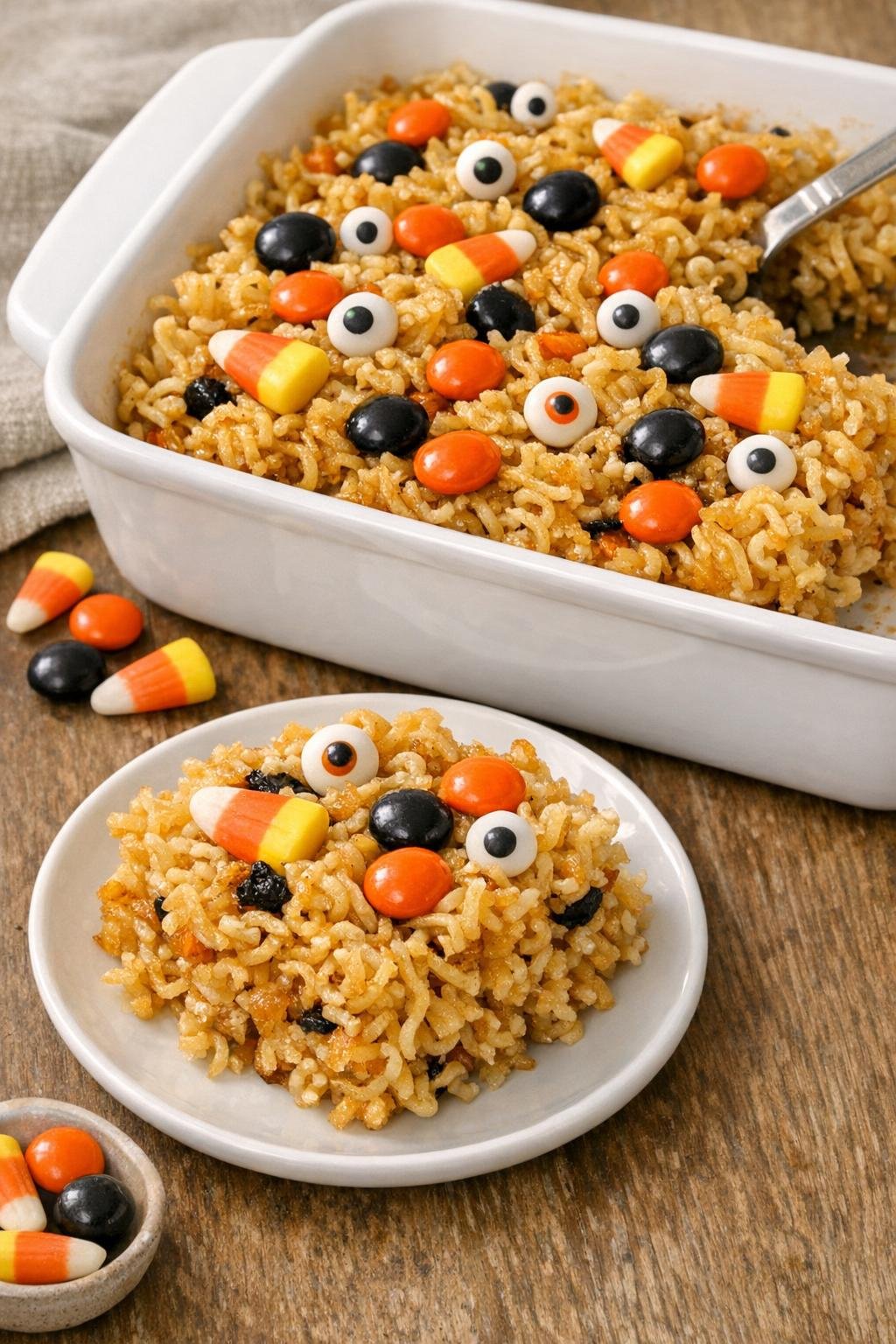 Finished Halloween ramen dessert baked golden and topped with candy