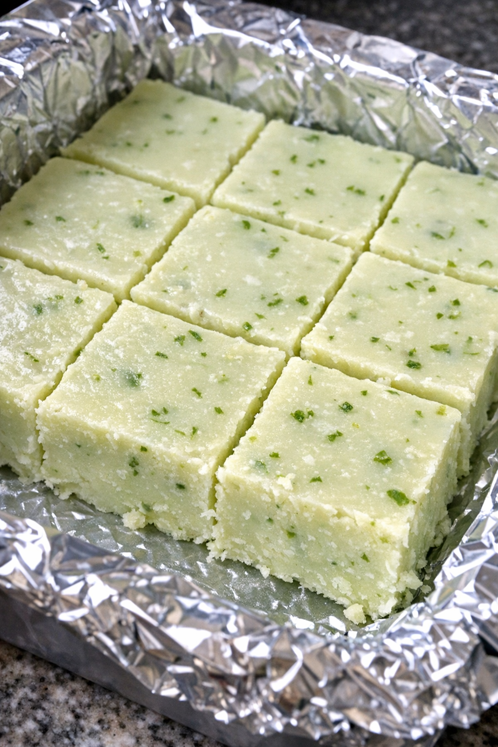 Close-up of creamy lime fudge squares