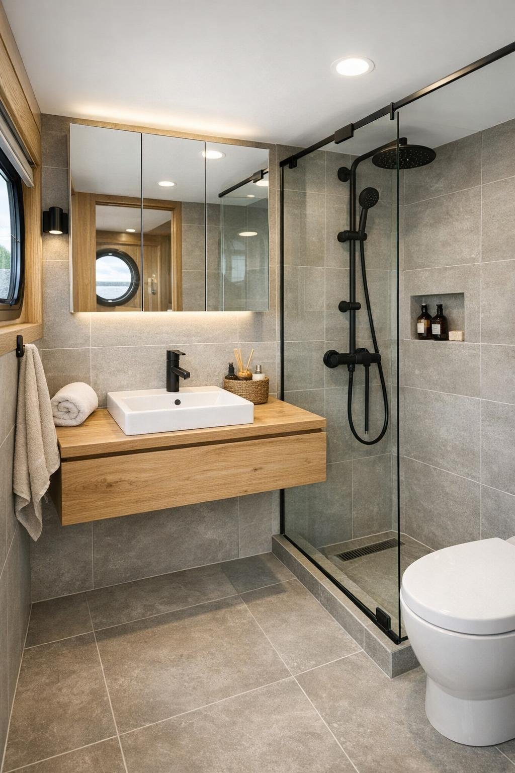 Small modern houseboat bathroom with floating wood vanity and glass shower