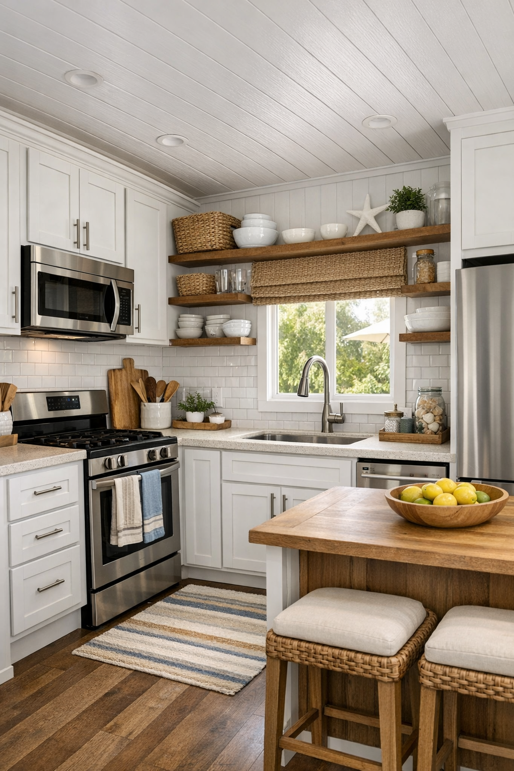 Bright coastal RV kitchen with white cabinets, light counters, and subway tile backsplash