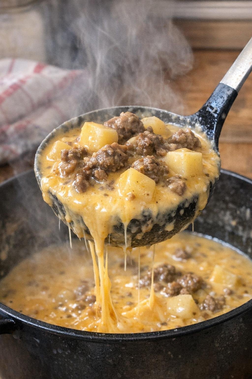 Creamy cheeseburger soup being lifted from a black pot