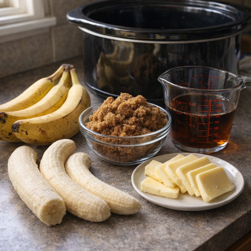 Ingredients for bananas foster arranged on a kitchen counter
