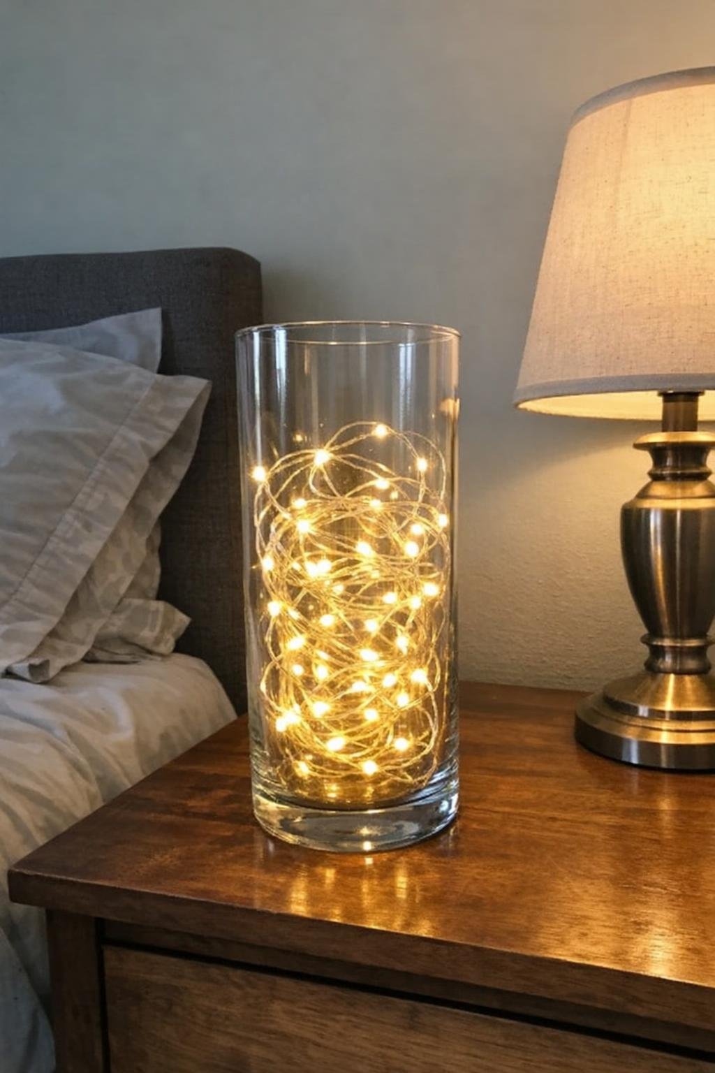 String lights coiled inside a tall clear glass vase on a nightstand