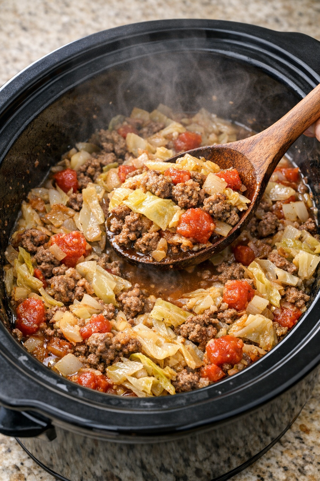 Cooked cabbage beef being stirred in the slow cooker