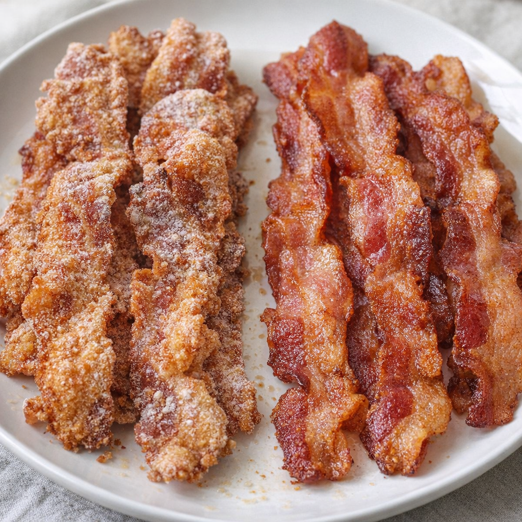 Floured bacon and regular bacon compared side by side