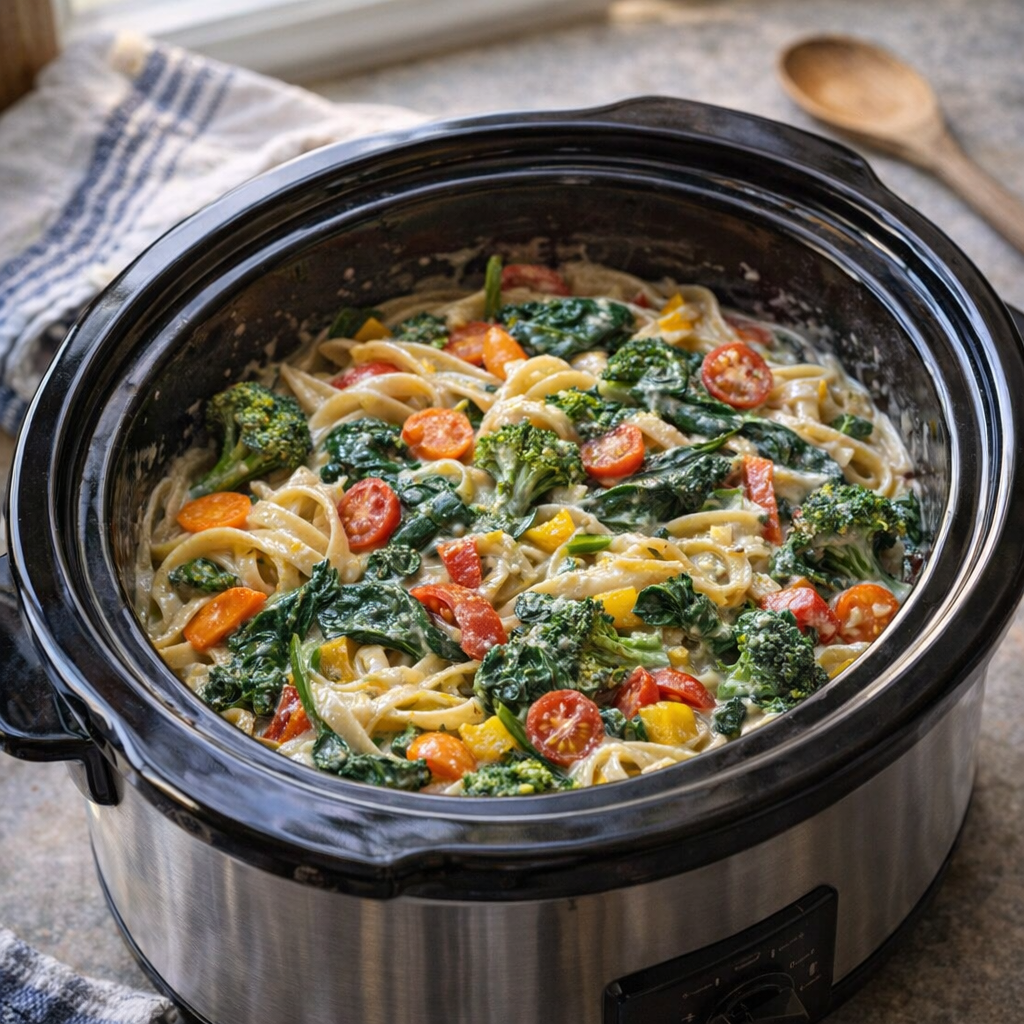 Langsom komfur pasta primavera på et land køkken tæller