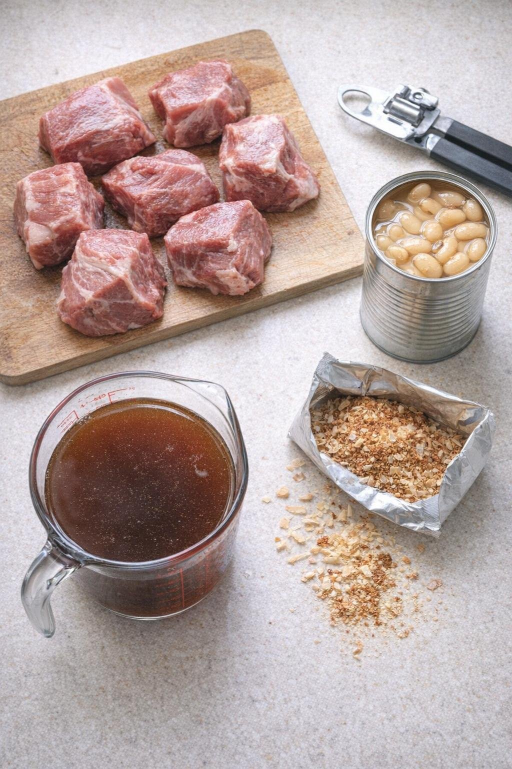 Pork shoulder and pantry ingredients on kitchen counter