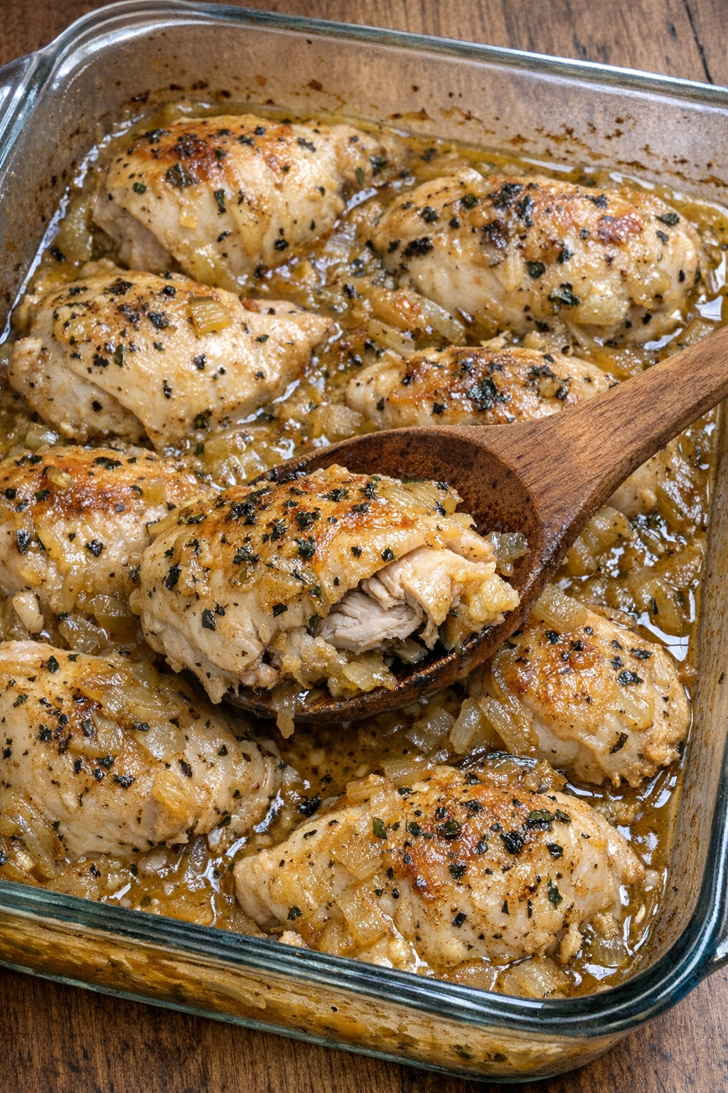 Tender chicken pieces in golden sauce with herbs and caramelized onions in a rectangular baking dish