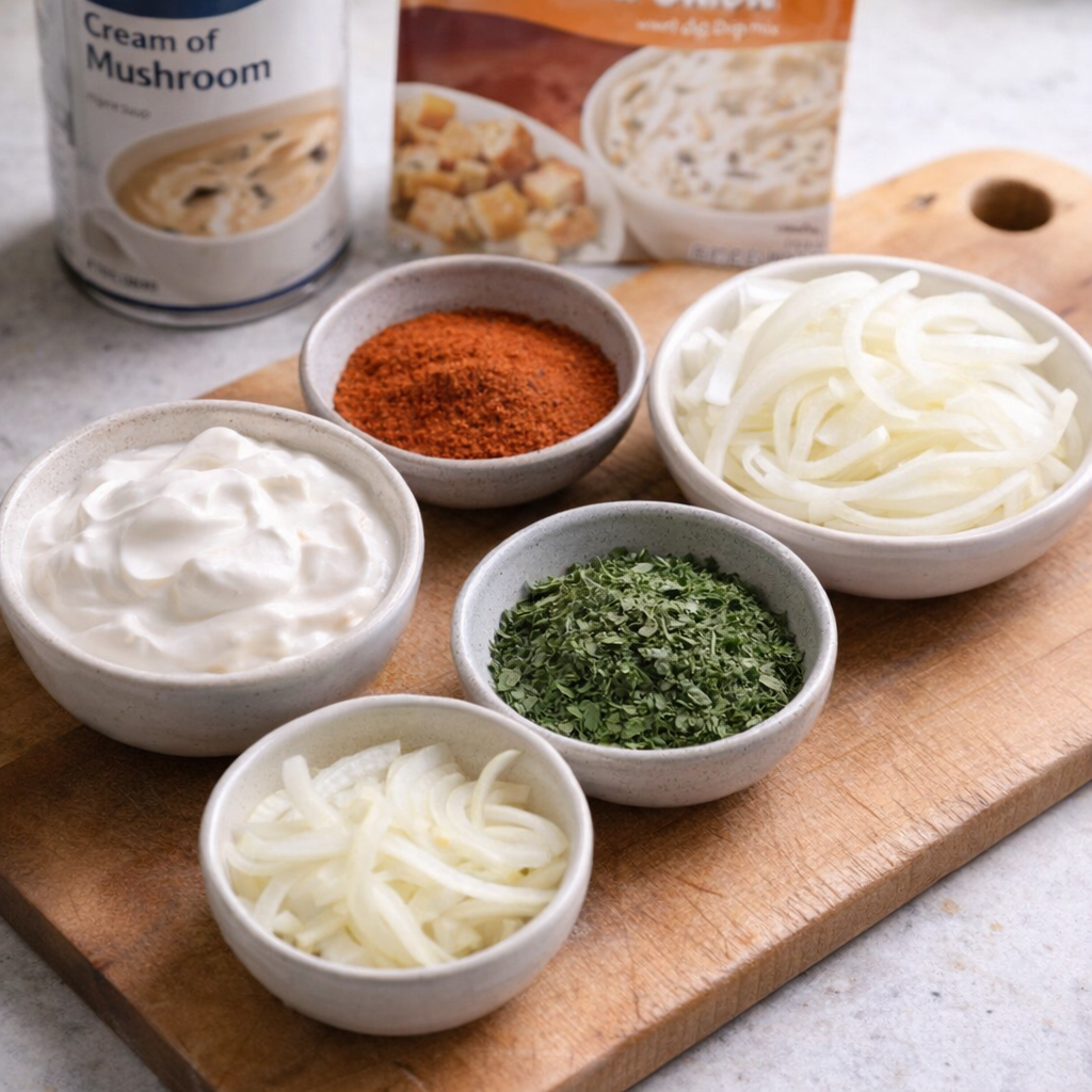 Small bowls of easy add-ins for smothered pork chops