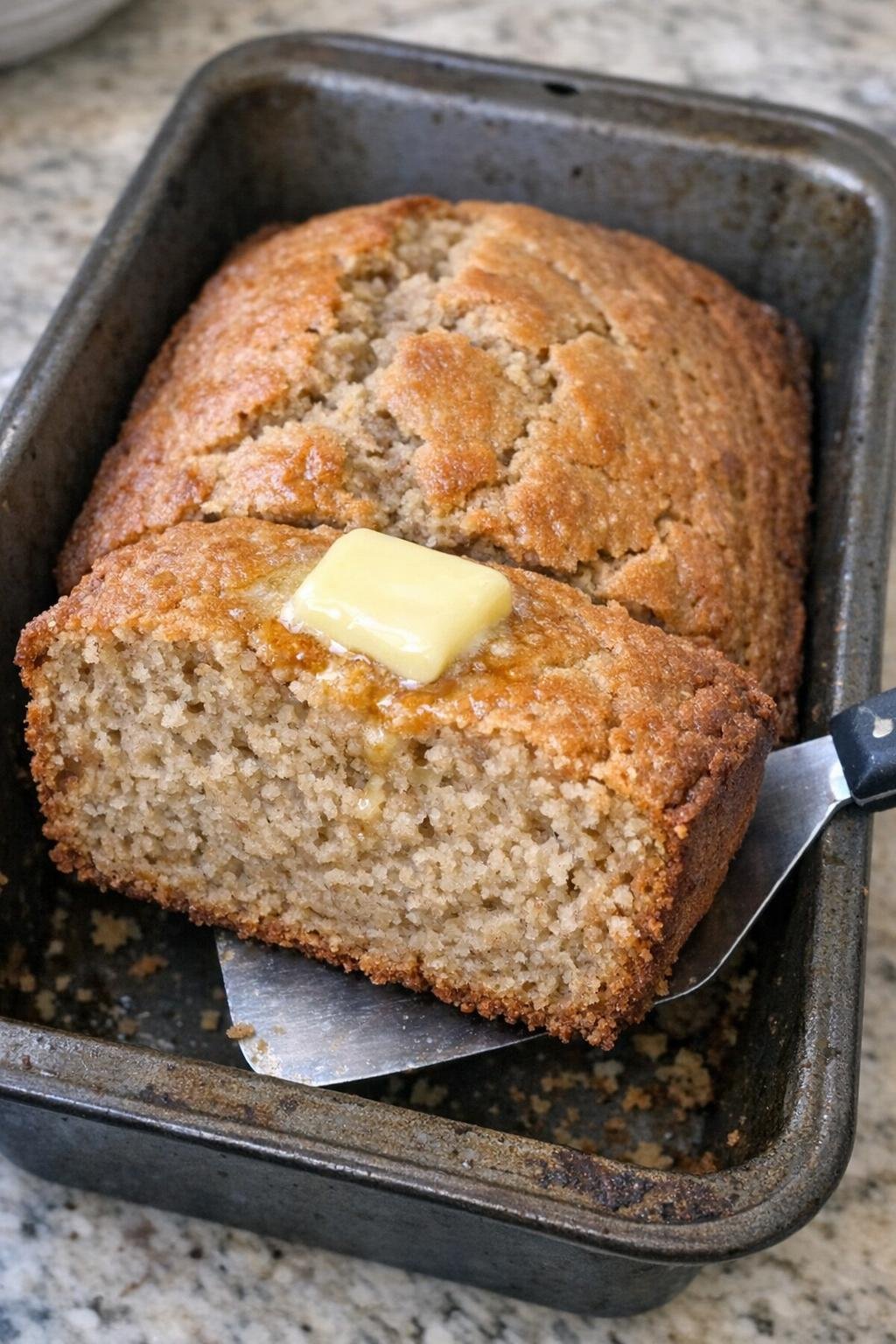 Finished peanut butter bread in a loaf pan