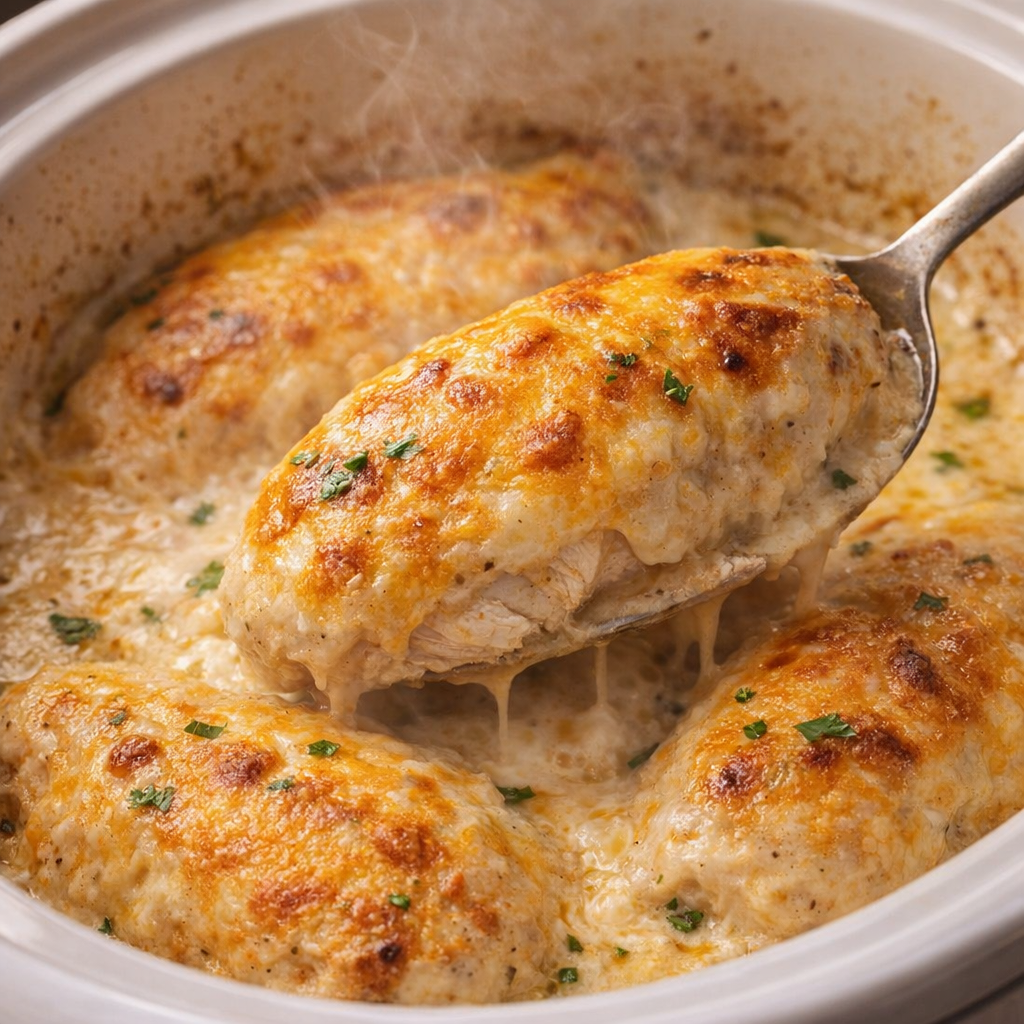 Cooked cheddar chicken inside the slow cooker