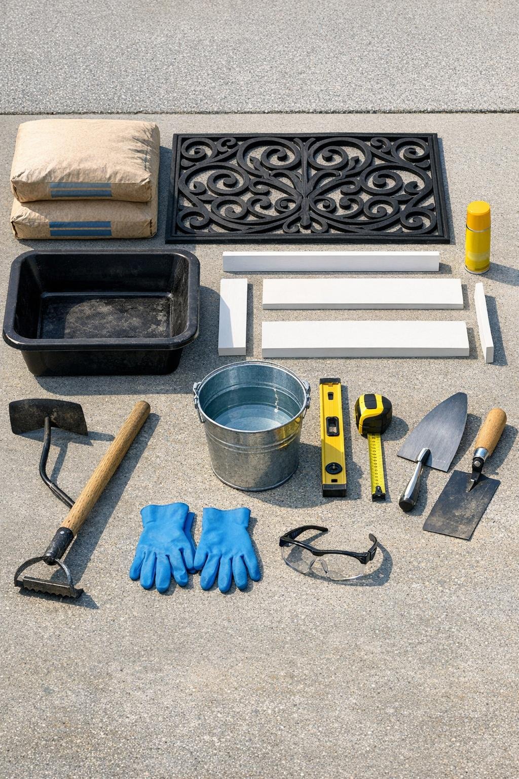 Materials for making decorative cement patio stones laid out together
