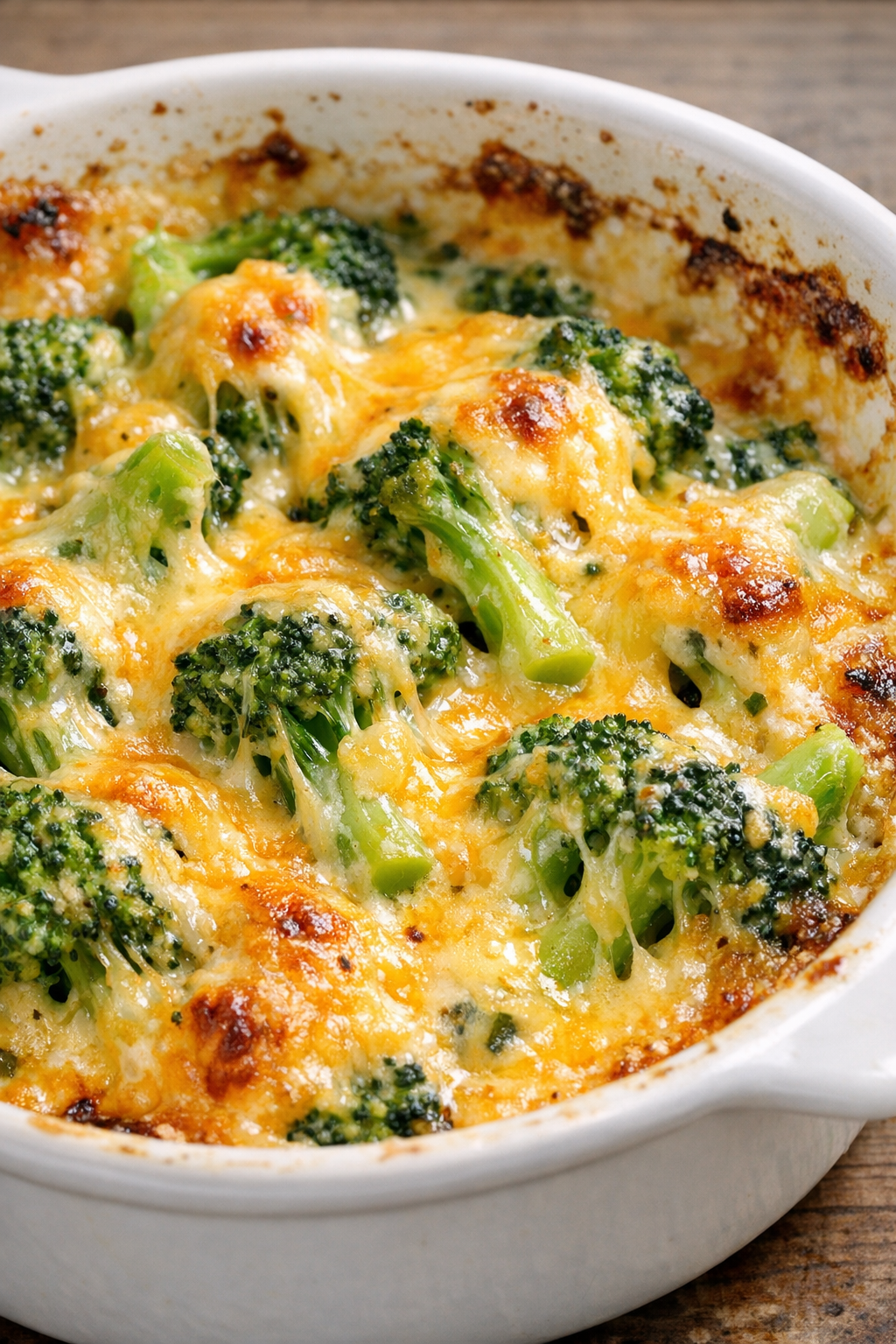 Low carb broccoli cheese skillet in a ceramic casserole dish