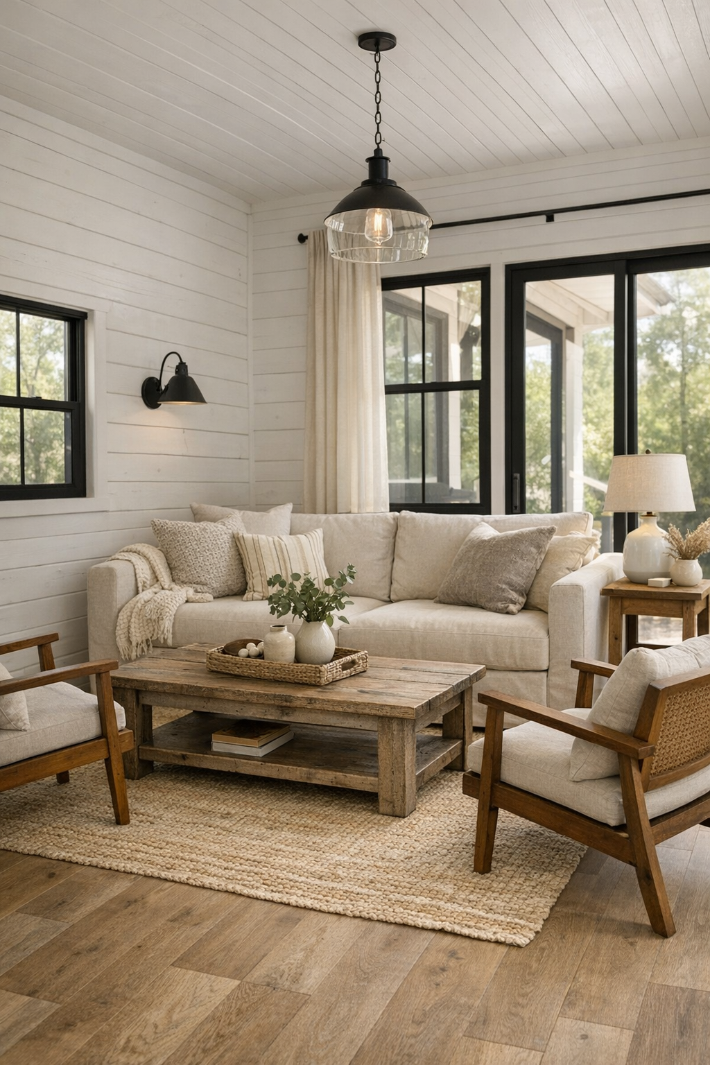 Bright farmhouse-style RV living room with white shiplap walls and soft neutral seating