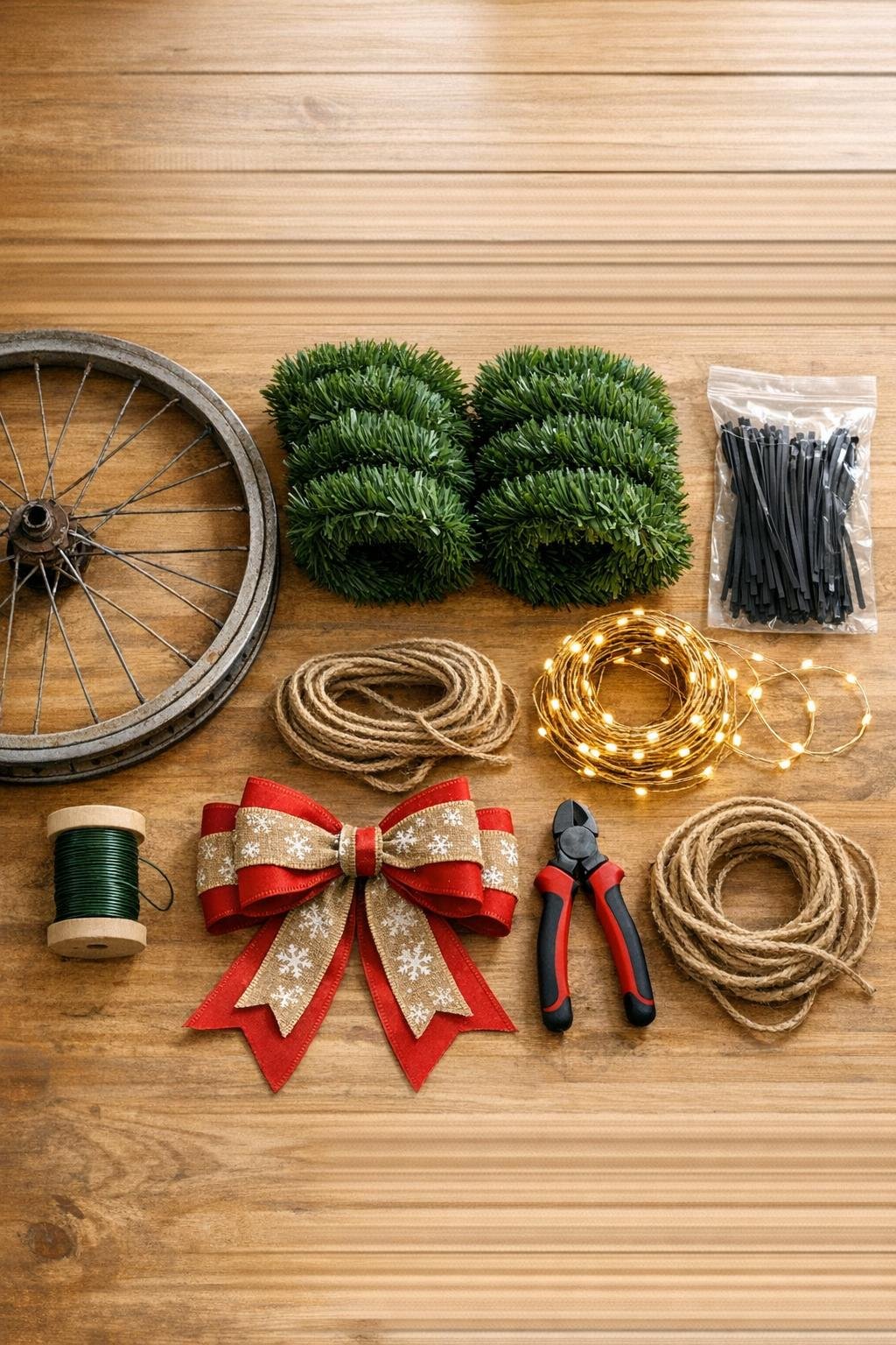 Materials for a bicycle wheel porch wreath laid out together