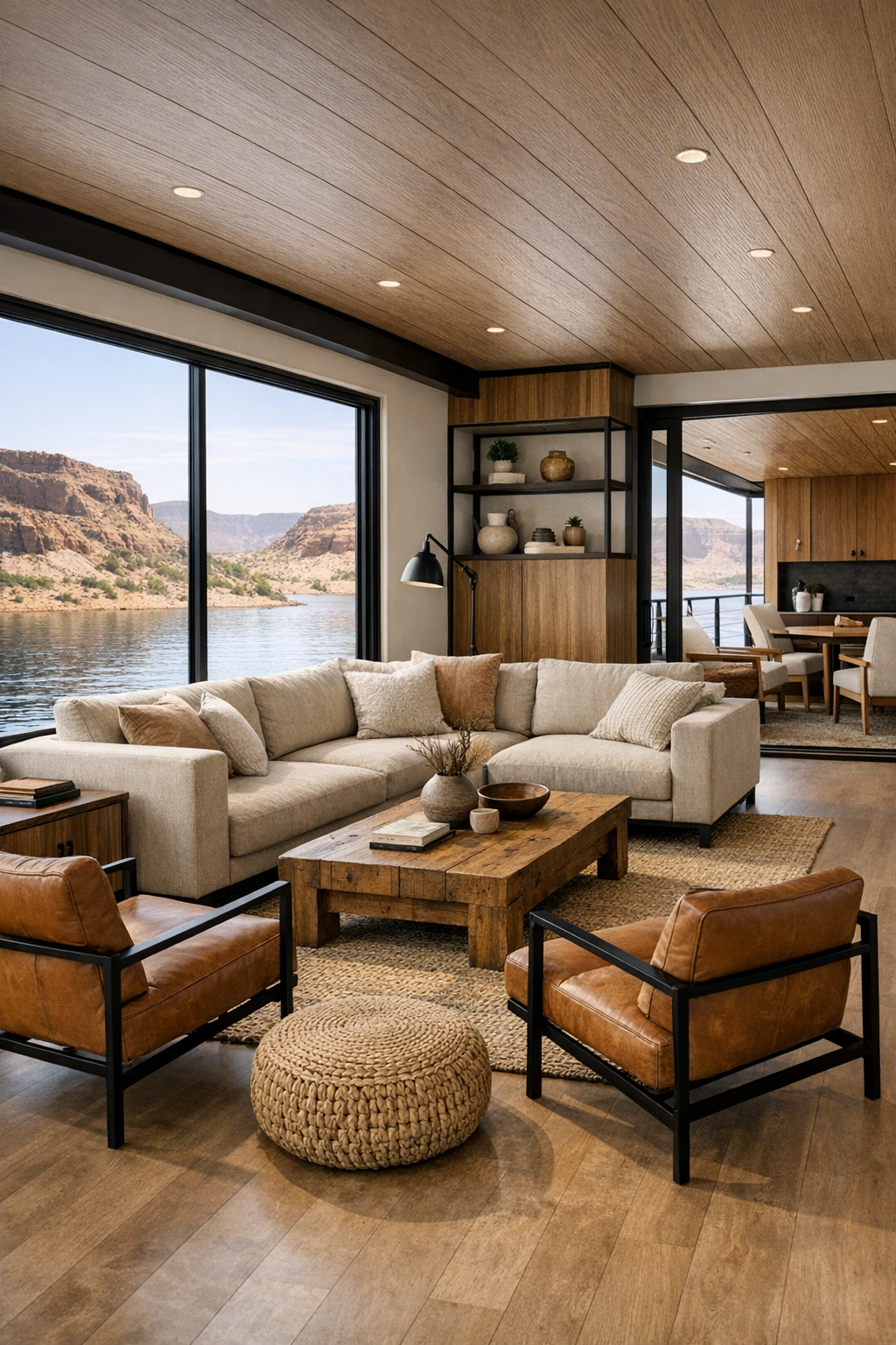 Desert modern living room with wide windows, low sectional, leather chairs, and warm wood details