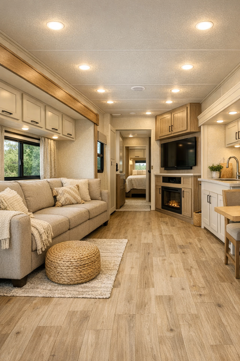 Accessible RV camper living room with cream tones and built-in seating