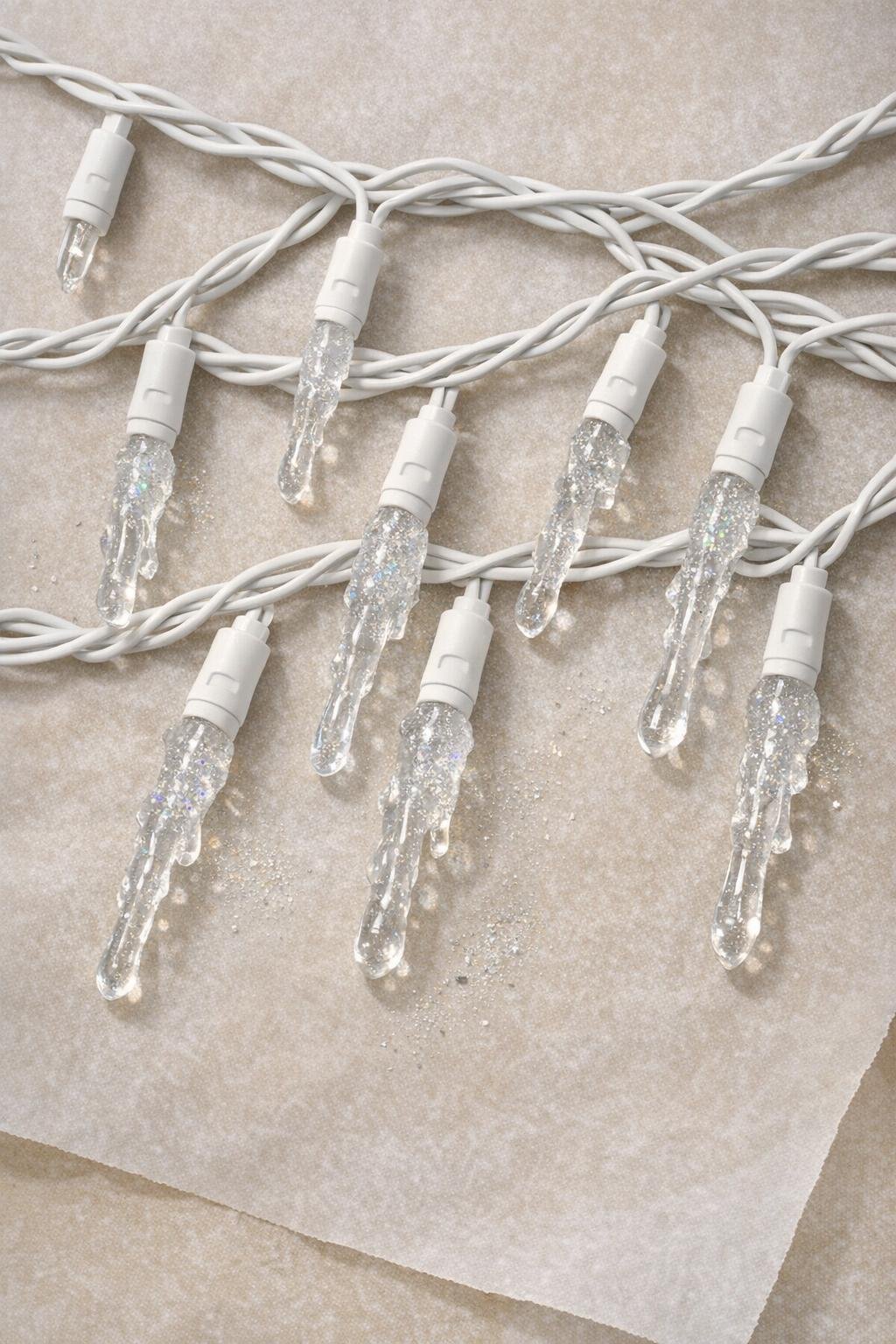 Several light bulbs coated with clear glue drips on parchment paper