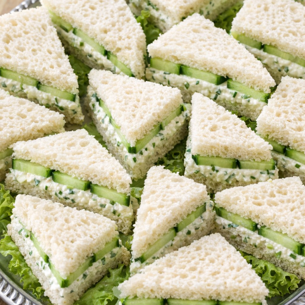 Freshly cut cucumber tea sandwiches arranged on a serving tray