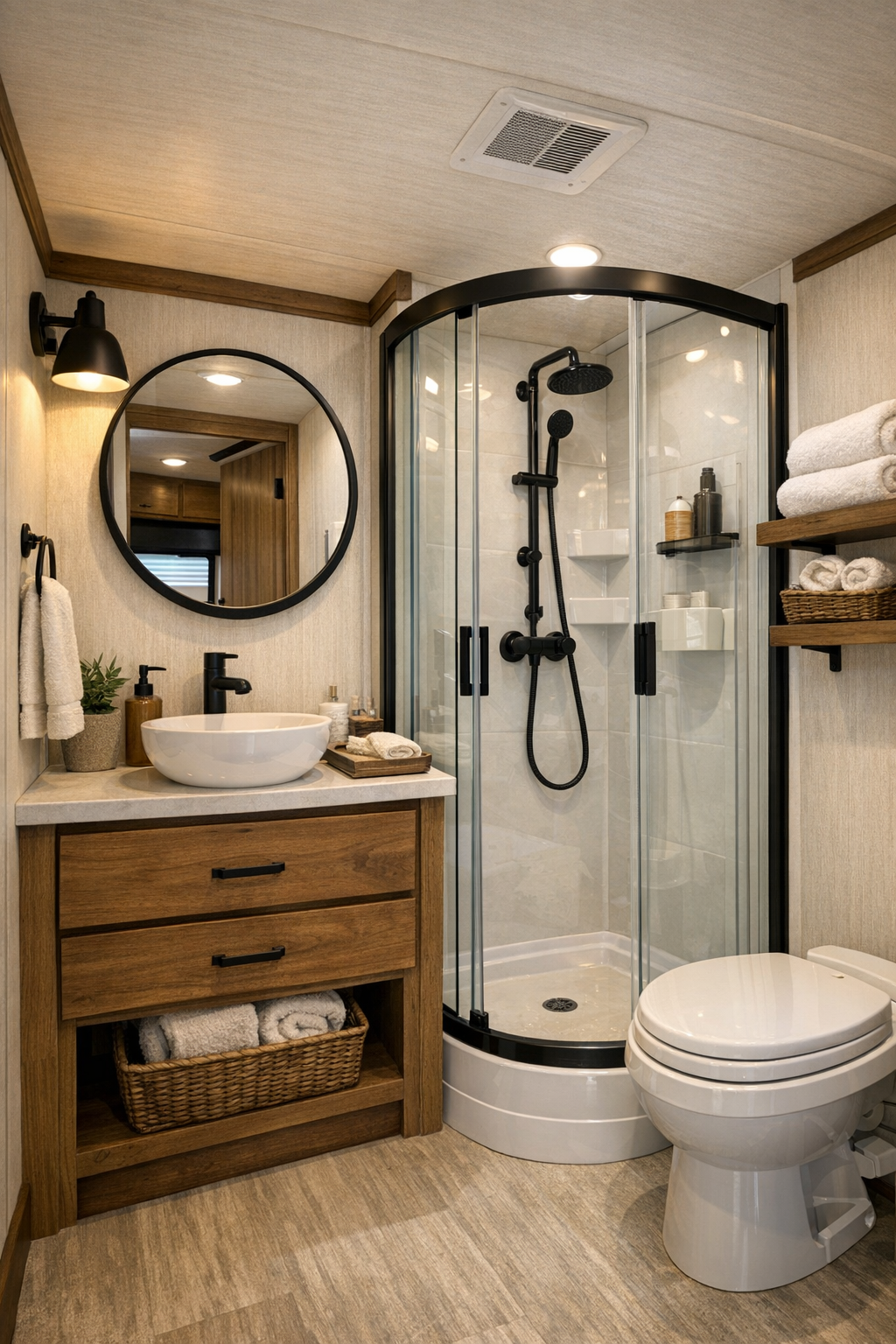 Modern RV bathroom with a wood vanity, round mirror, and compact glass shower