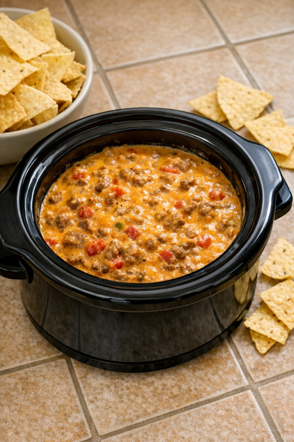 Finished chili cheese beef dip in a slow cooker with chips for serving
