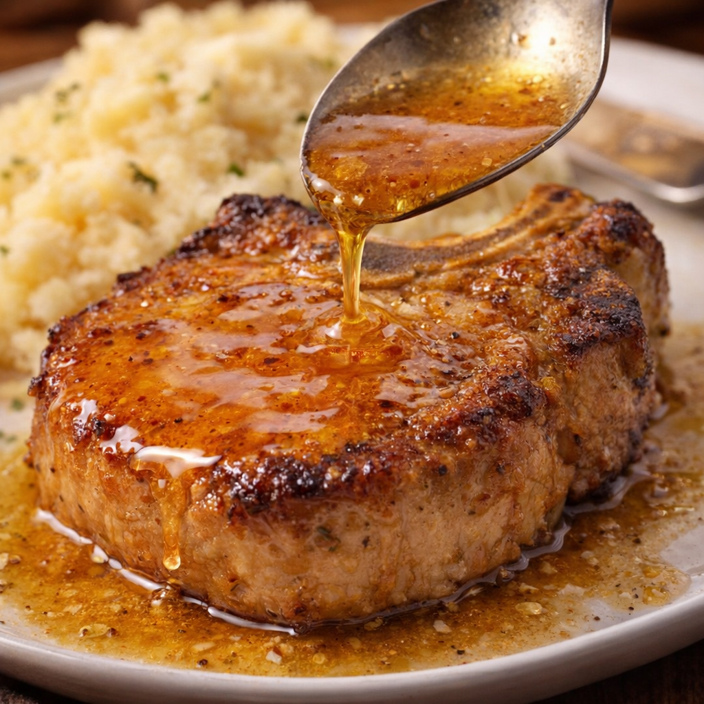 Finished pork chop with extra honey butter sauce spooned over top