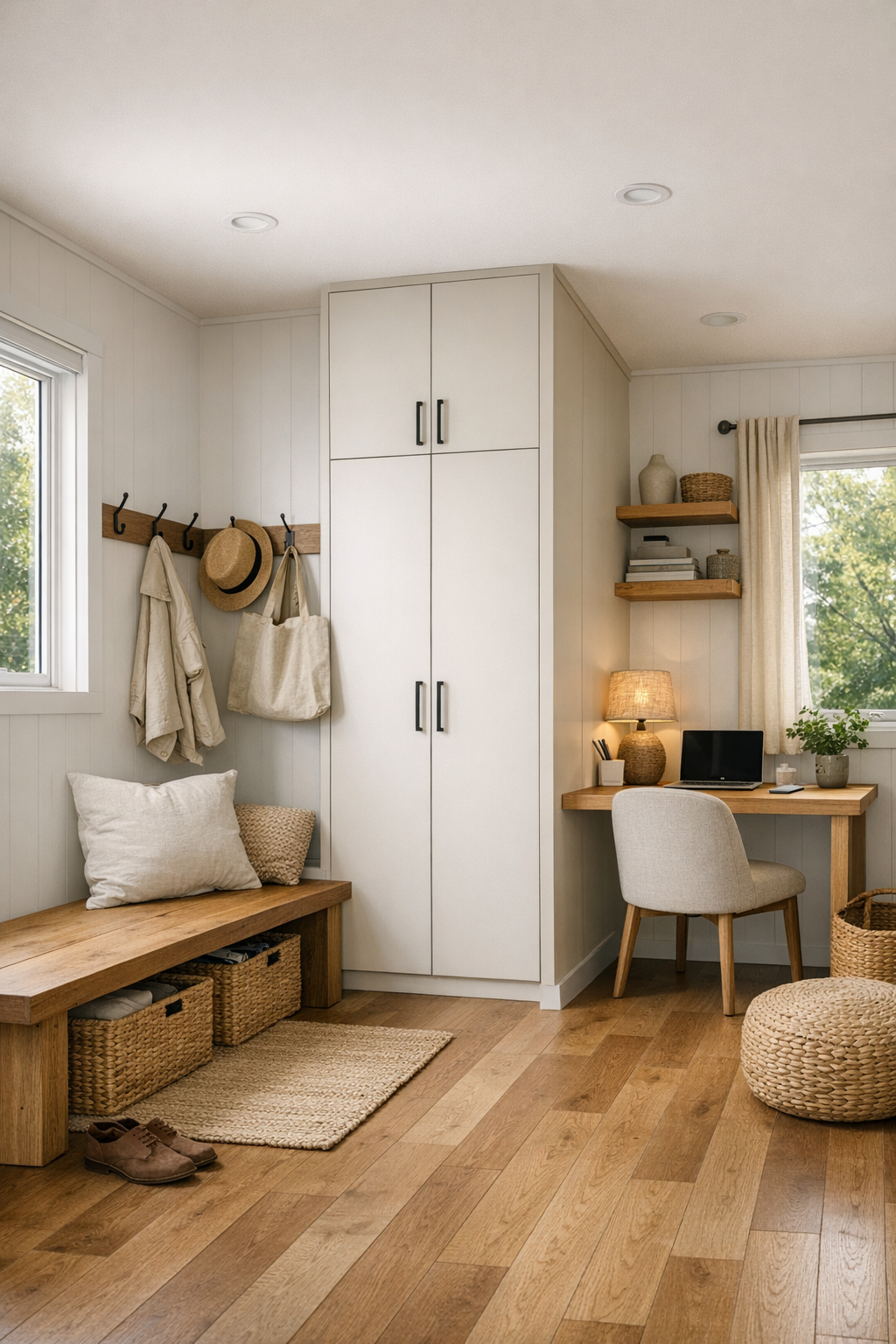 Functional modern entry and flex area with bench, storage, and small workspace