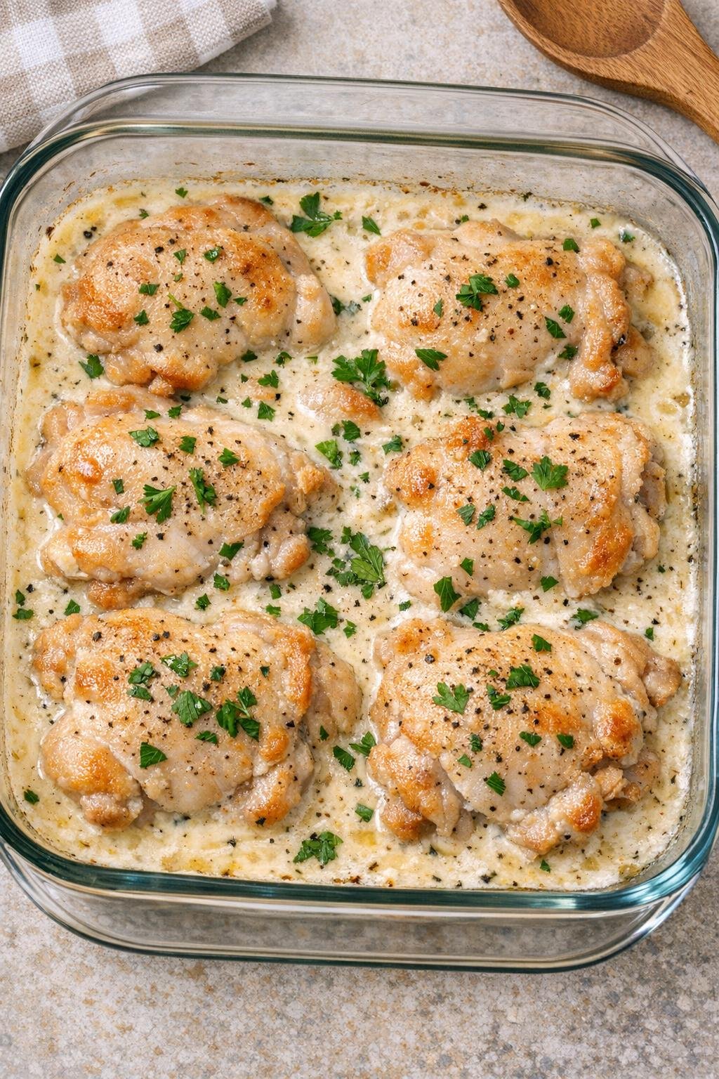 Baked chicken thighs in creamy sauce in a glass casserole dish