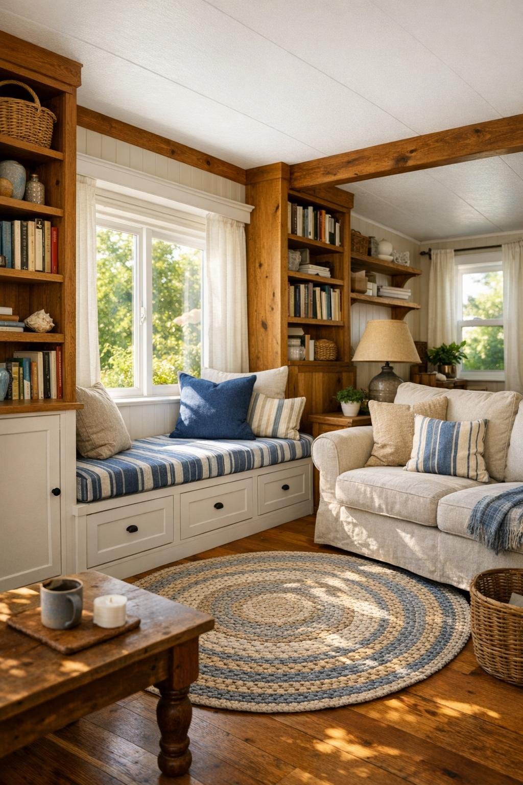 Cozy living room with a built-in reading nook by the window