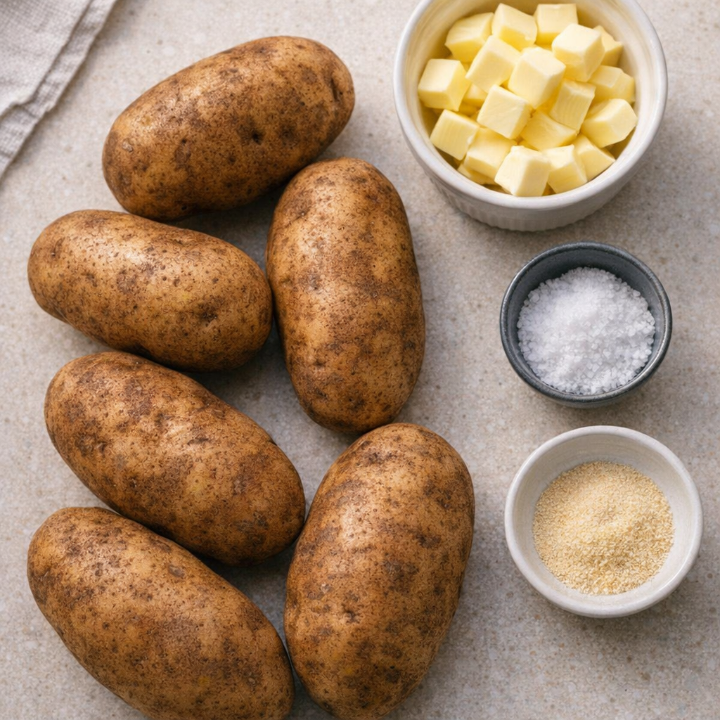 Ingredients for slow cooker potatoes arranged on a kitchen counter