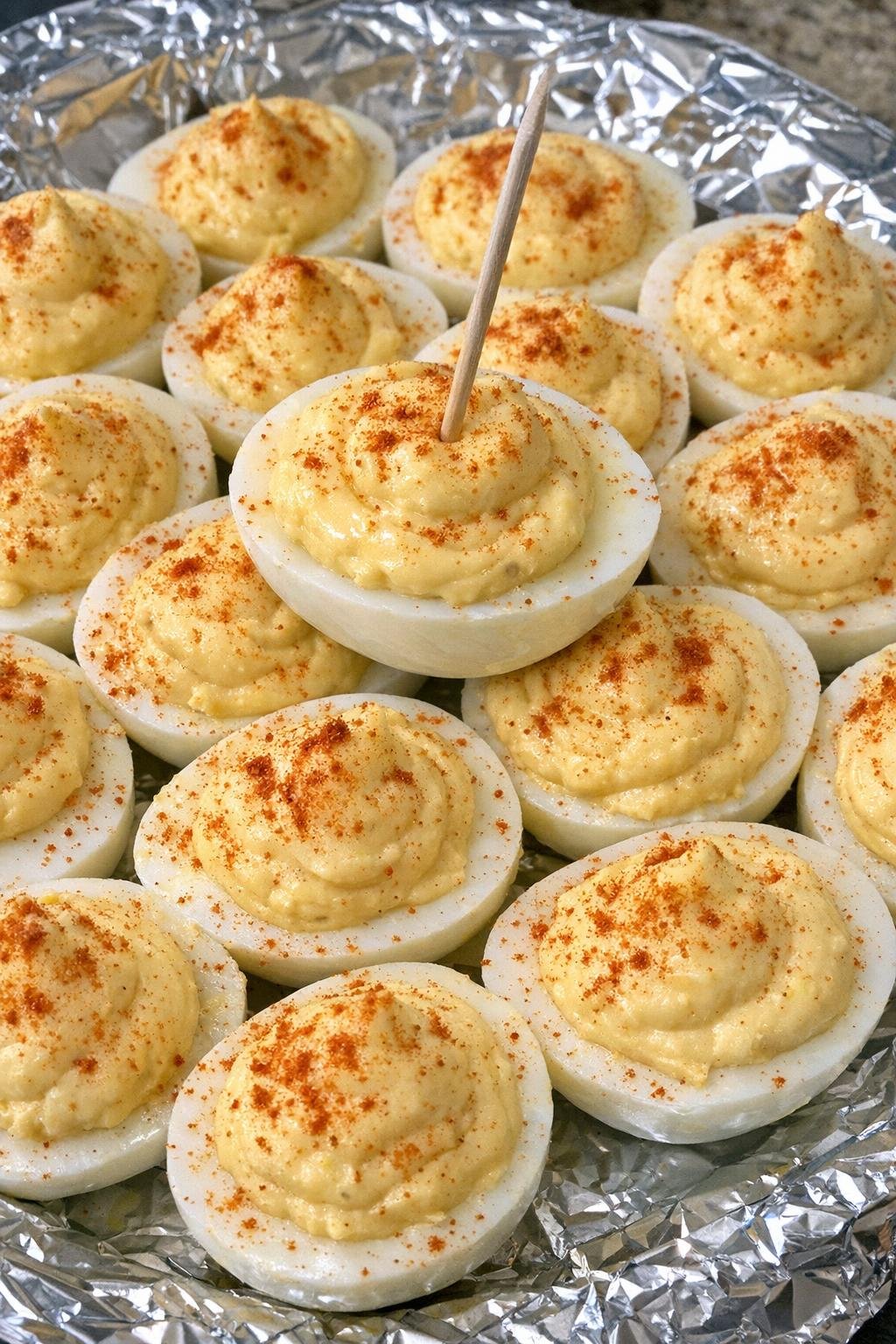 Halved eggs with creamy filling on a foil-lined platter