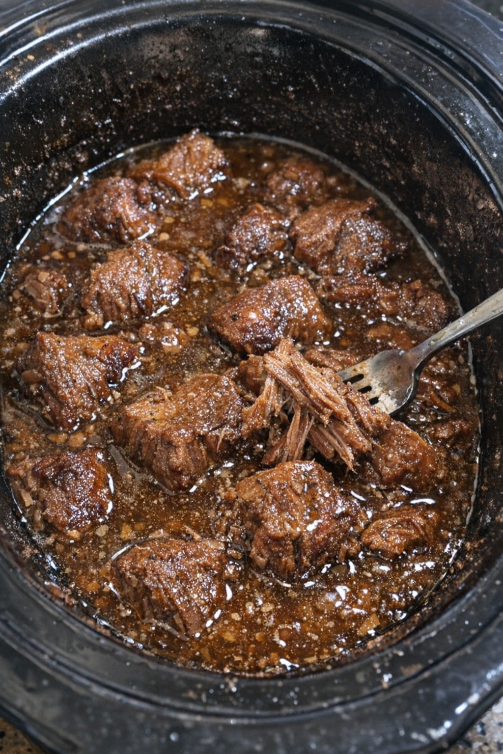 Slow cooker summer supper with tender fibrous protein chunks in glossy sauce