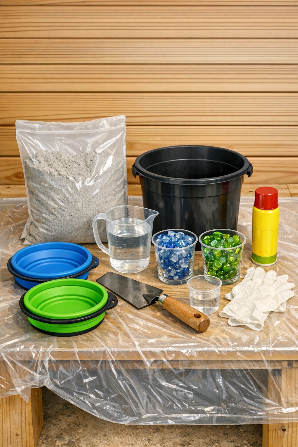 Materials for making tiered cement garden stones laid out on a worktable