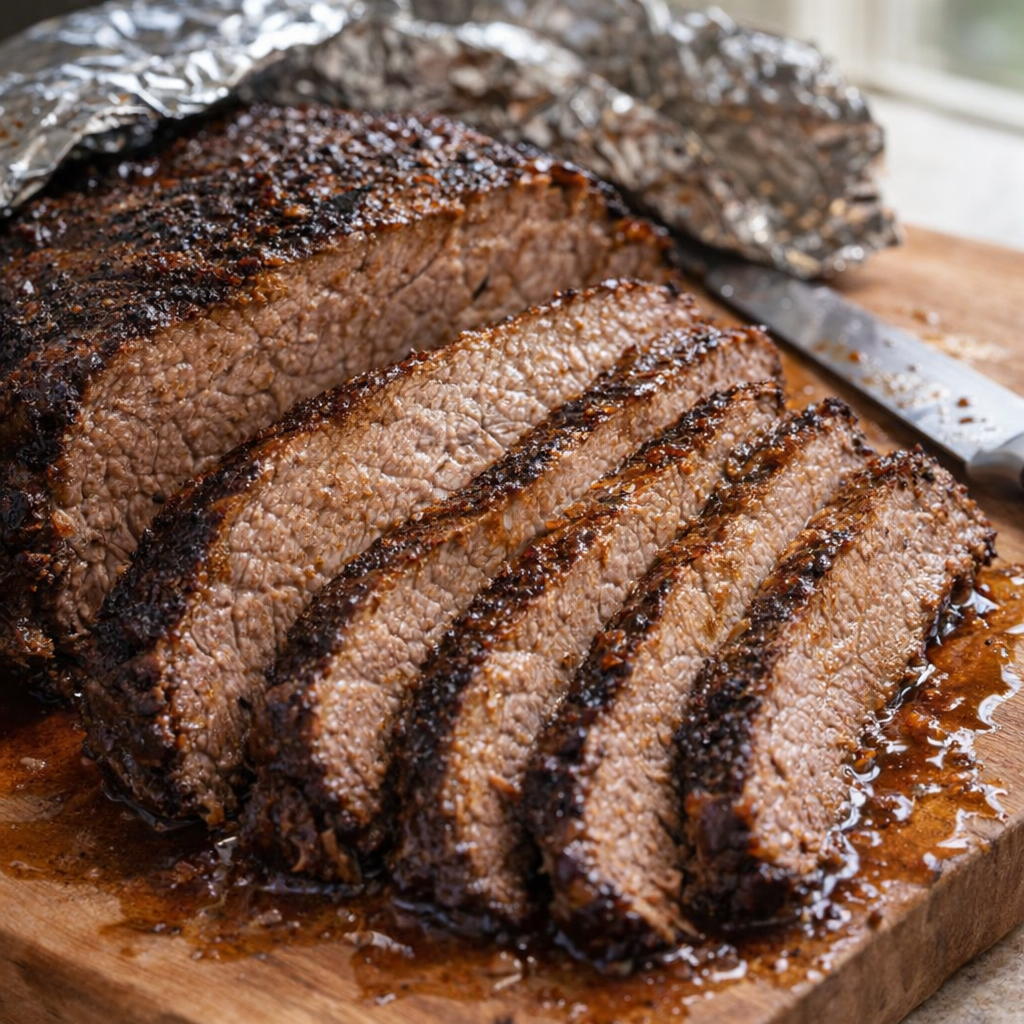 Sliced brisket resting on a cutting board